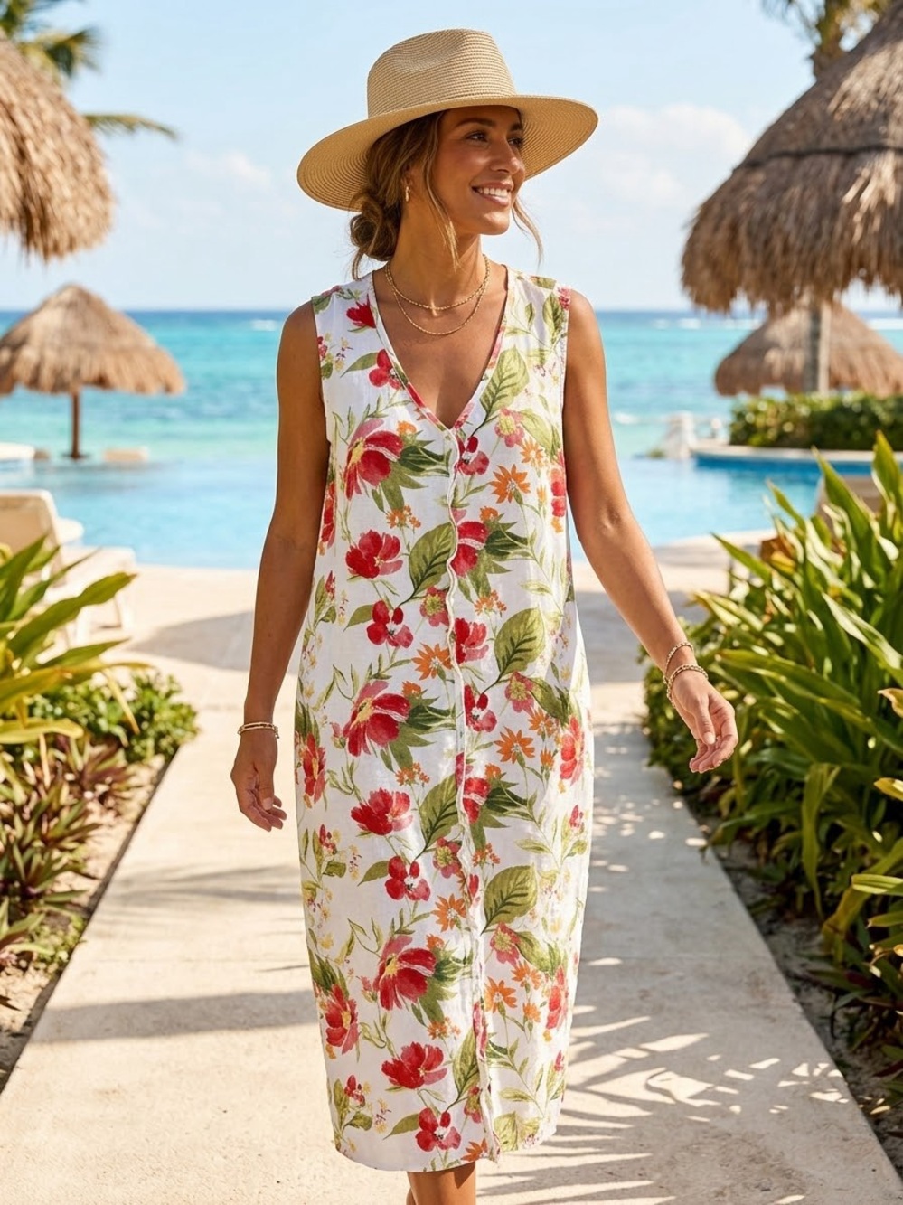 J Jill Love Linen Size 2X Floral V-Neck Beach Cover-Up Dress